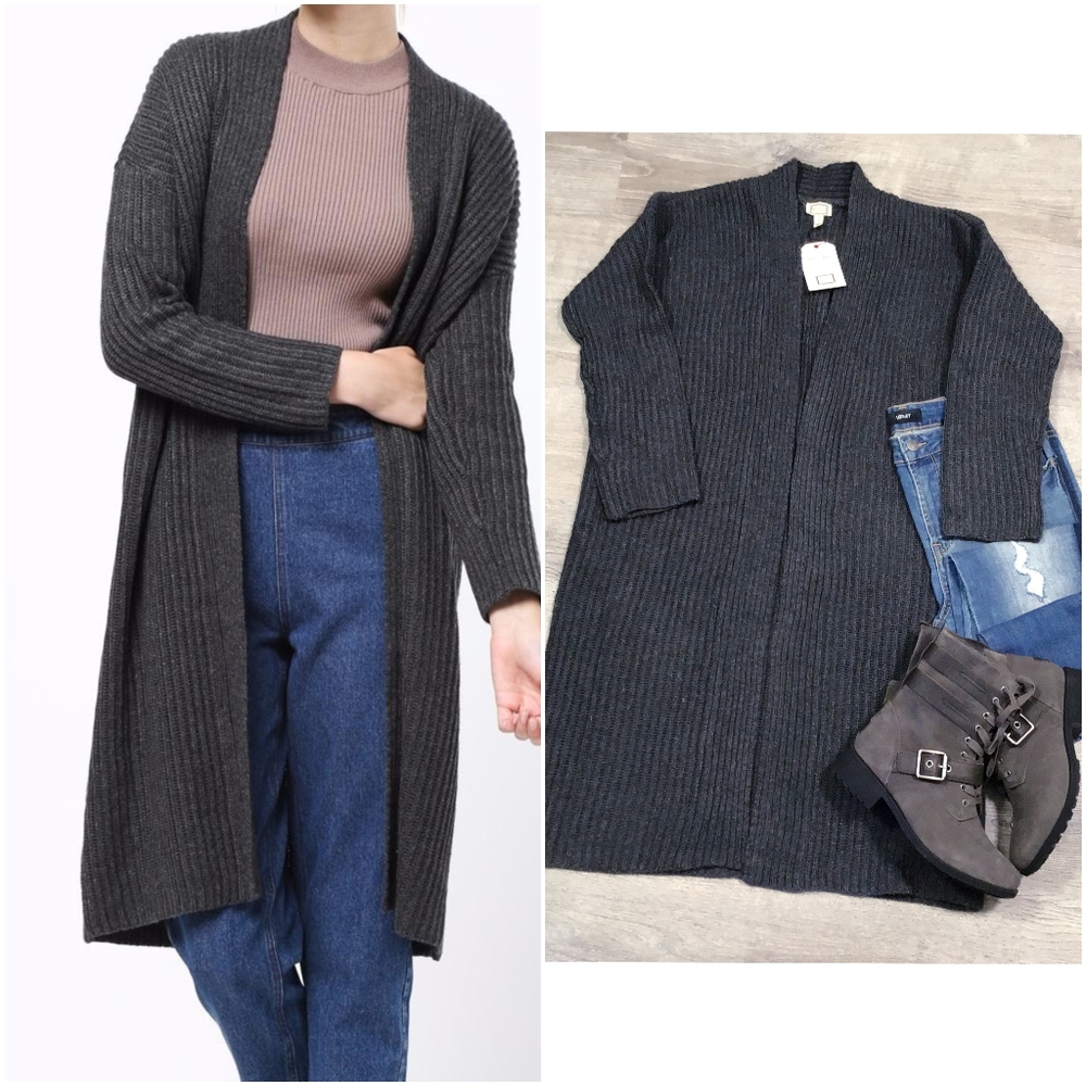 Mo:Vint Anthro Charcoal Gray Longline Open Thick Knitted Cardigan